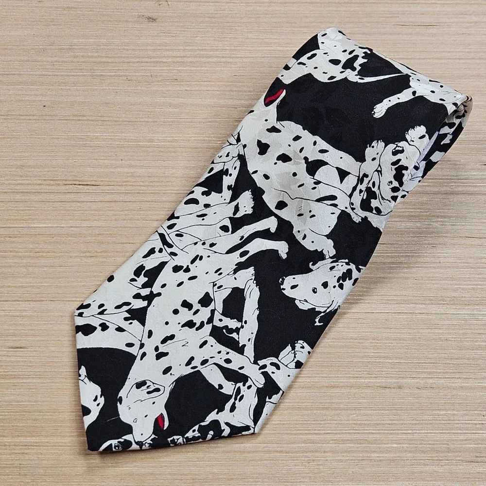 Dalmatian Dog Print Nicole Miller Tie Mens Black 100% Silk Vintage 1993